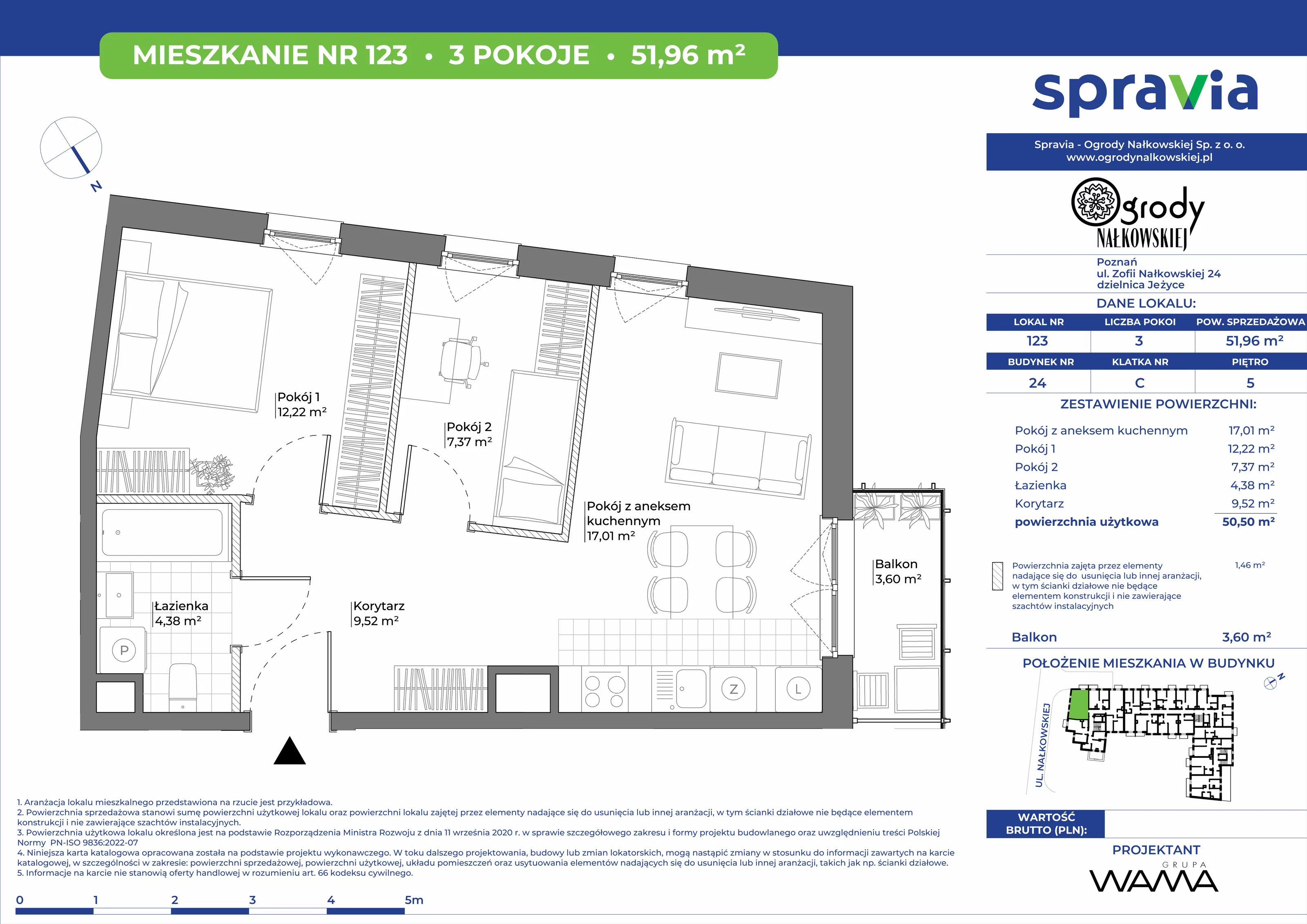 3 pokoje, mieszkanie 51,96 m², piętro 5, oferta nr 24-123, Ogrody Nałkowskiej, Poznań, Ogrody, ul. Nałkowskiej 24, 26